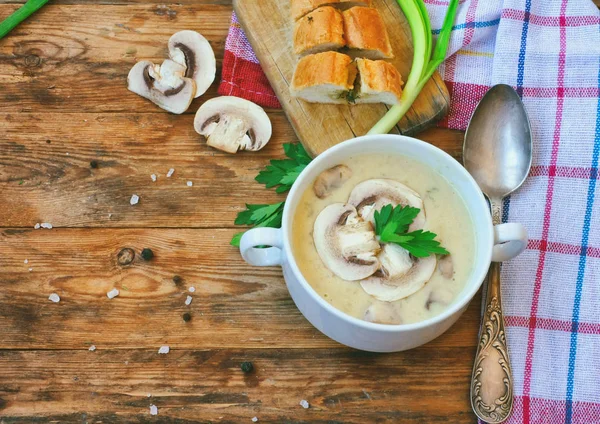 白いボウルのシャンピニオン入り自家製チーズ クリーム スープ — ストック写真