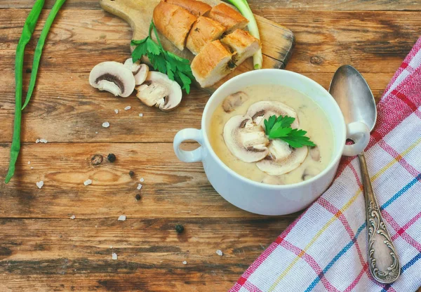 Homemade cheese cream soup with champignons — Stock Photo, Image