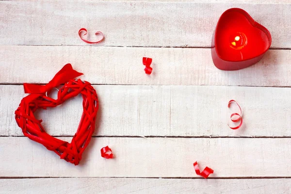 Valentine's day background, wicker heart, candle — Stock Photo, Image