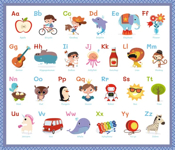 Abecedario Infantil Ilustrado Inglés — Vector de stock