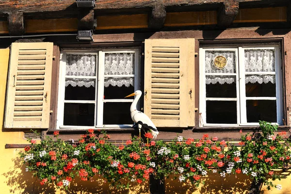 Игрушечный аист в украшенном окне — стоковое фото