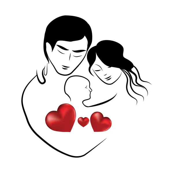 Icono del corazón de la familia, símbolo padres bosquejo de pareja casada joven encantadora abrazando ilustración del vector del niño pequeño — Vector de stock