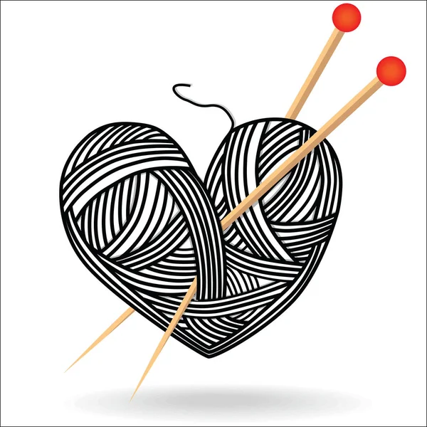Heart wool knitting needle isolates hobby handcraft logo — Stock Vector