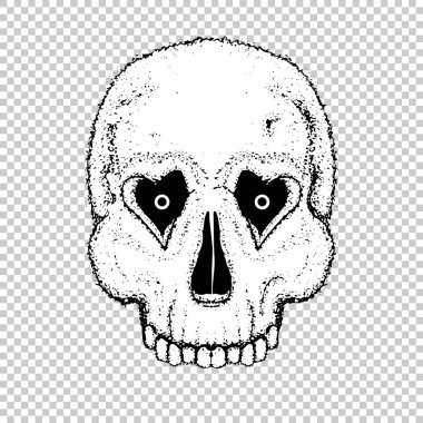 Sevgililer Günü 'nde kalp seven gözlere sahip insan kafatası. Vektör nesne scull çizimi. İnsanlar kemik tasarımı dövmesi. Cadılar Bayramı sembolü.