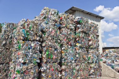 Mavi gökyüzü karşı geri dönüşüm plastik şişe yığını