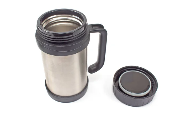 Boccale Thermos con coperchio isolato su bianco — Foto Stock