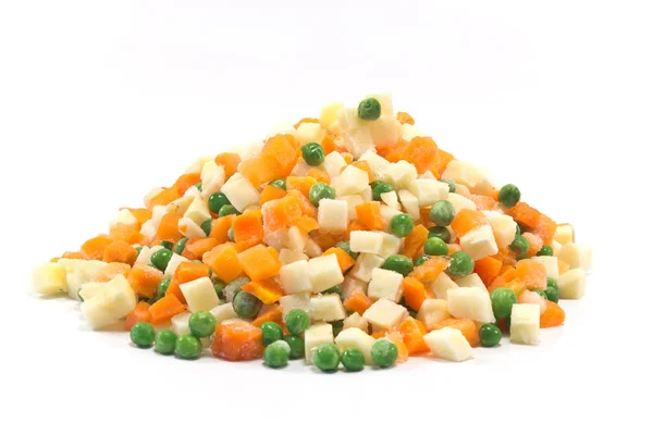 Raw frozen vegetables for Russian salad isolated on white — Stock Photo, Image