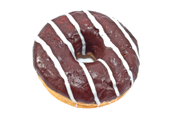 Donut in chocolate glaze with stripes isolated on white backgrou