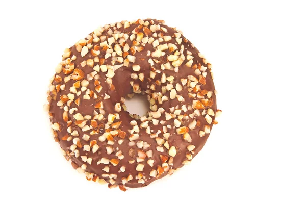 巧克力和切碎的杏仁在白色的甜甜圈 — 图库照片
