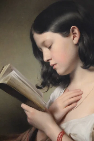 Girl Reading Oil Canvas Franz Eybl 1850 — 스톡 사진