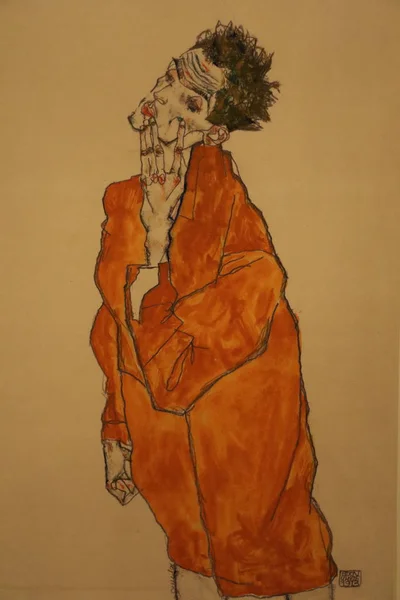 Selbstporträt Orangefarbener Jacke Aquarell Von Egon Schiele 1913 Albertina Wien — Stockfoto