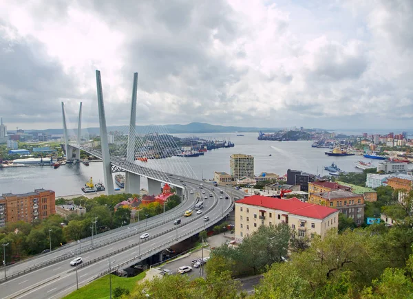 Guyed bridge in the Vladivostok over the Golden Horn bay — Stock Photo, Image