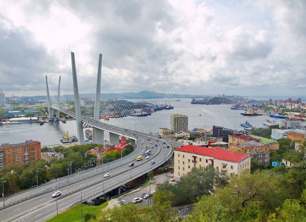 Guyed bridge in the Vladivostok over the Golden Horn bay