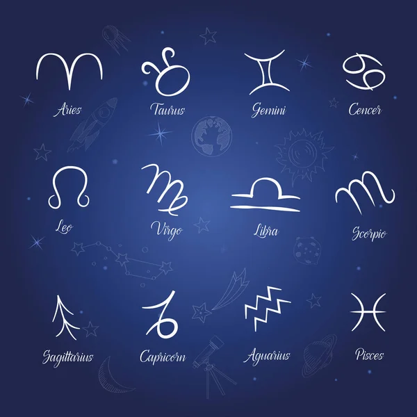 Conjunto de signos del zodiaco sobre fondo nocturno estrellado — Vector de stock