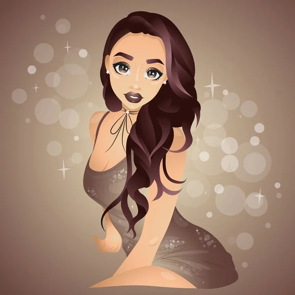 Caliente sexy glamour mujer sentado en corto marrón brillante vestido — Vector de stock