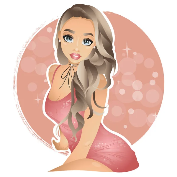 Hermosa rubia sexy chica usando vestido de cóctel rosa sobre fondo brillante — Vector de stock