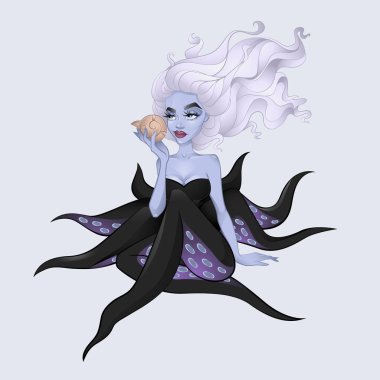 Şirin mor yarı insan ahtapot elinde kabuk tutuyor. 