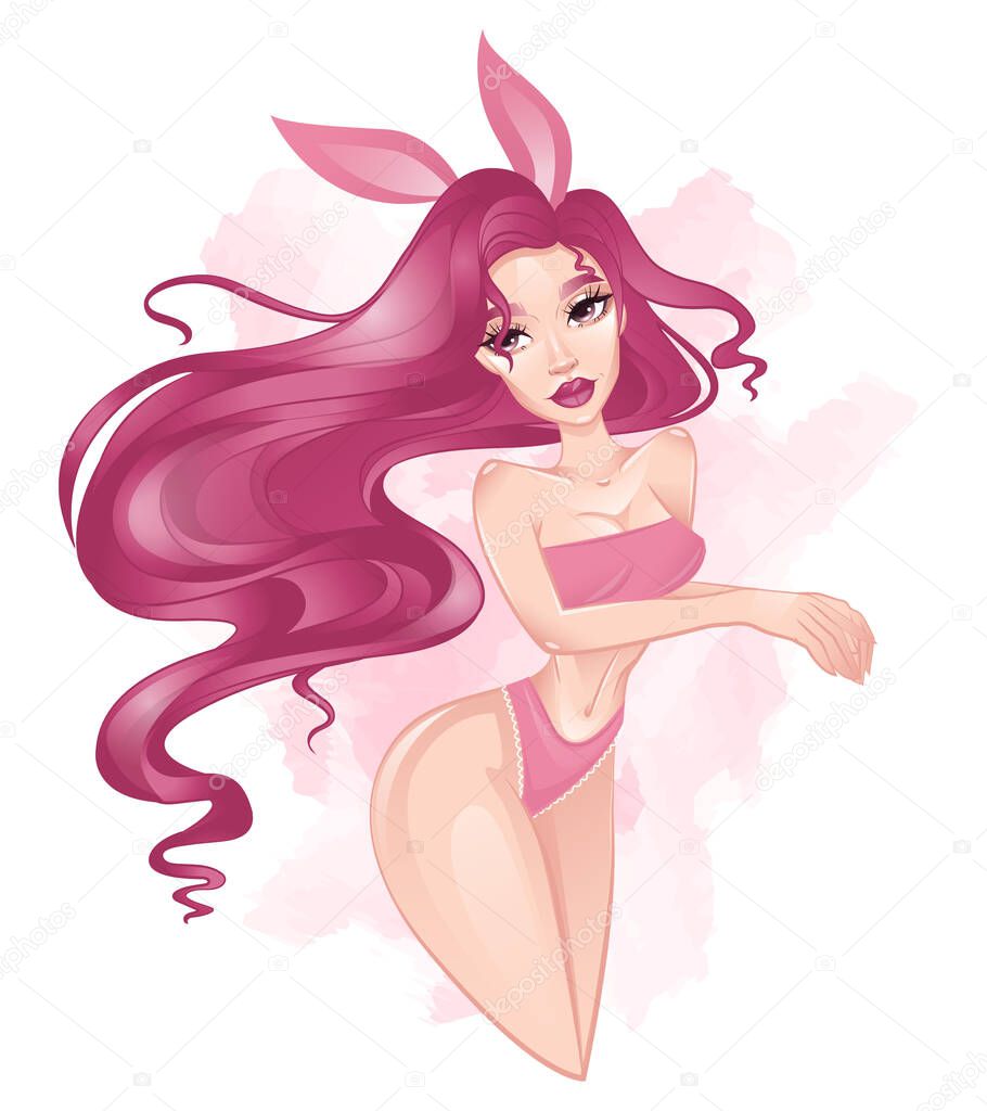 Bunny girl with pink hair standing on watercolor background