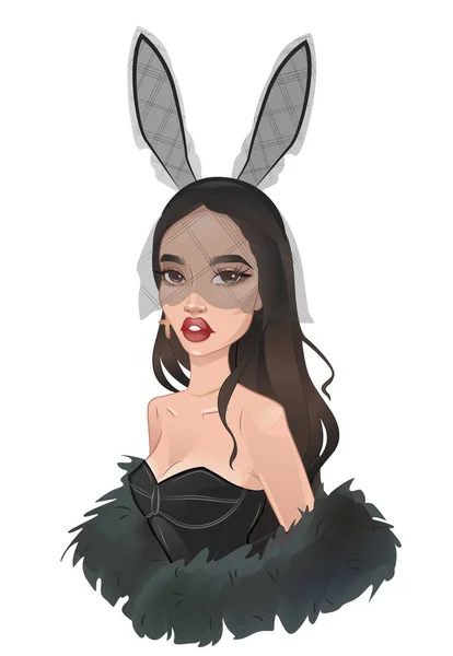 Girl with lace bunny ears on white background — 스톡 벡터
