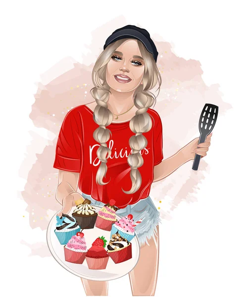 Pastry girl caring the plate with delicious cupcakes — 스톡 벡터