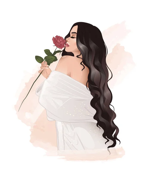 Beautiful lady wth wavy long hair holding rose flower — 스톡 벡터