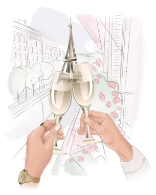 Paris 'te şampanya içen romantik bir çift.