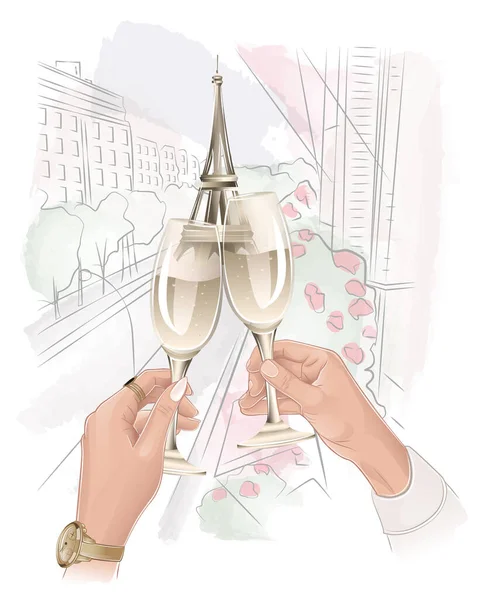 파리에서 샴페인 잔을 든 낭만적 인 남녀 — 스톡 벡터