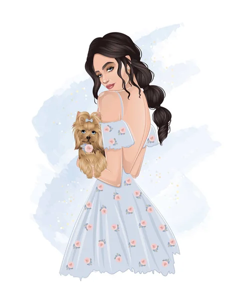 Mooi brunette meisje holding een hond in haar handen — Stockvector