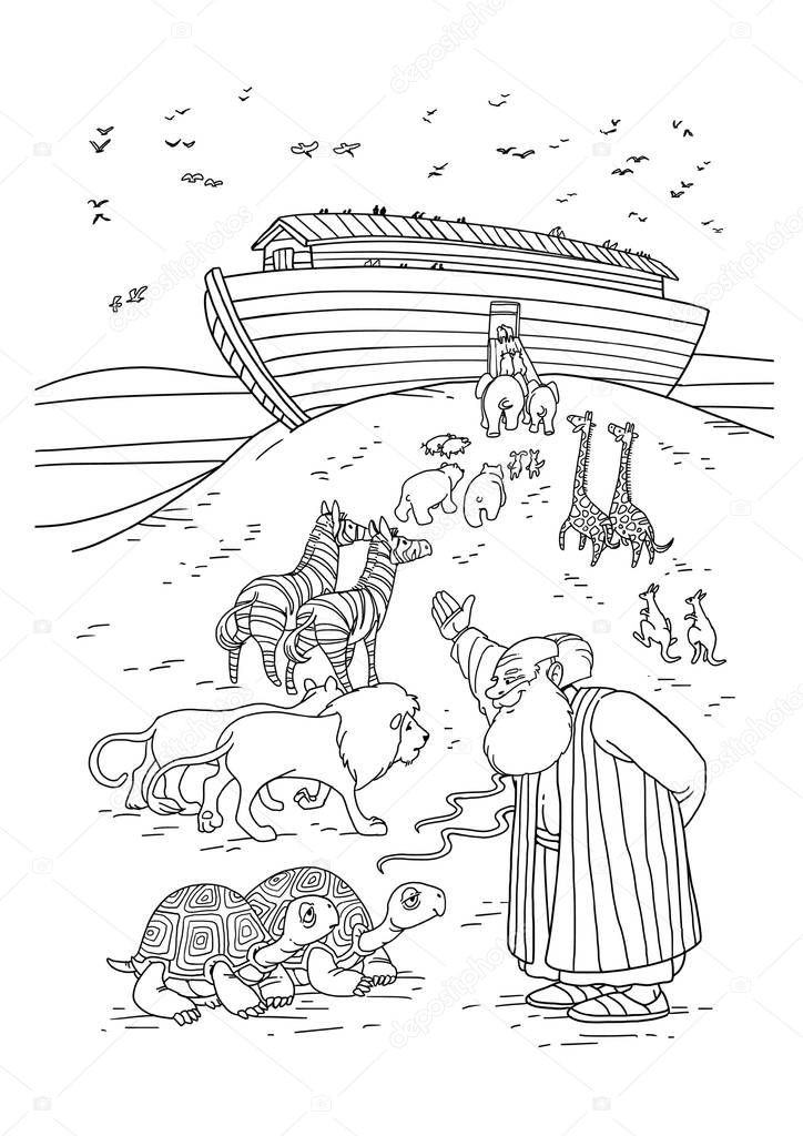 Noah invites animals to enter the Ark
