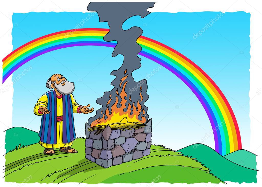Noah stands near the Altar and there is a Rainbow in the sky