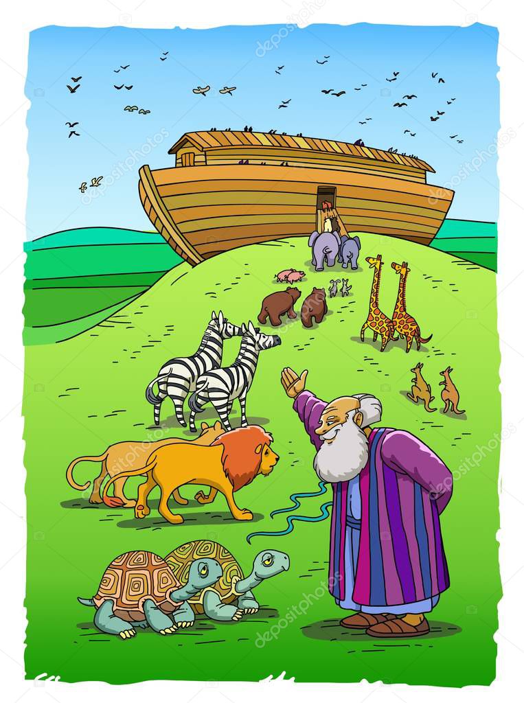 Noah invites animals to enter the Ark