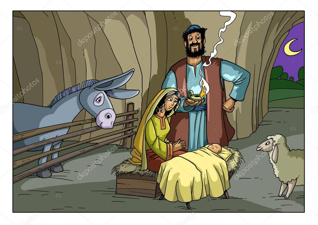 Christmas story. Mary, Joseph and baby Jesus.