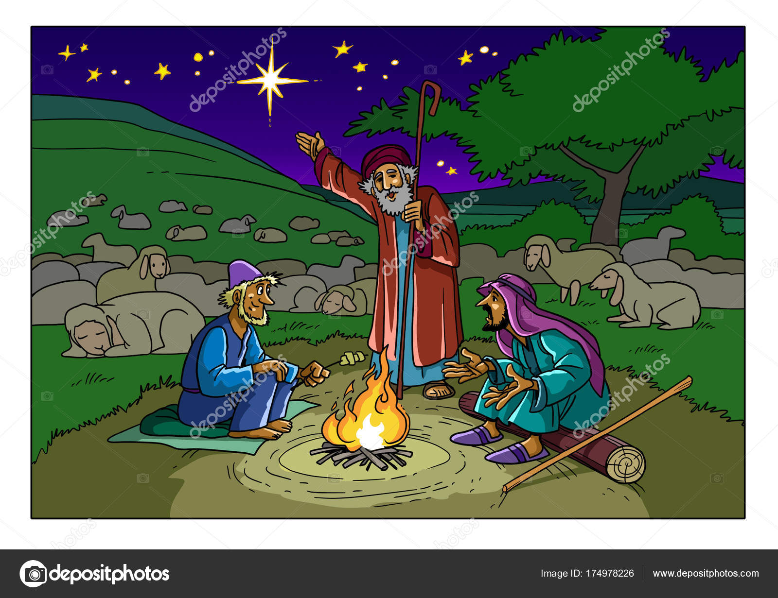 Weihnachtsgeschichte. Hirten und ein Stern. Stockillustration von ©askib  #174978226, image size:1600x1231