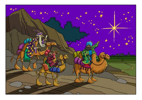 Tres hombres sabios montan camellos y ven una estrella . — Foto de Stock