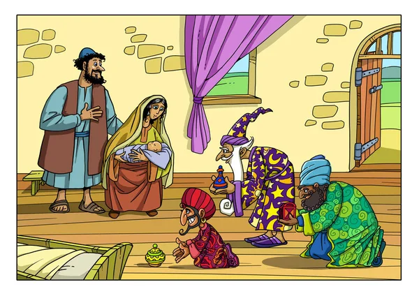 Historia de Navidad. Tres sabios trajeron regalos al niño Jesús . — Foto de Stock