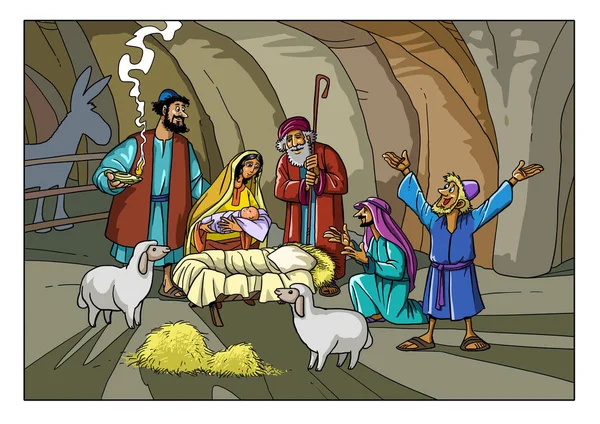 Die weihnachtsgeschichte: die hirten an der krippe Weihnachtsgeschichte. Hirten und die Engel. — Stockfoto © askib #174976054