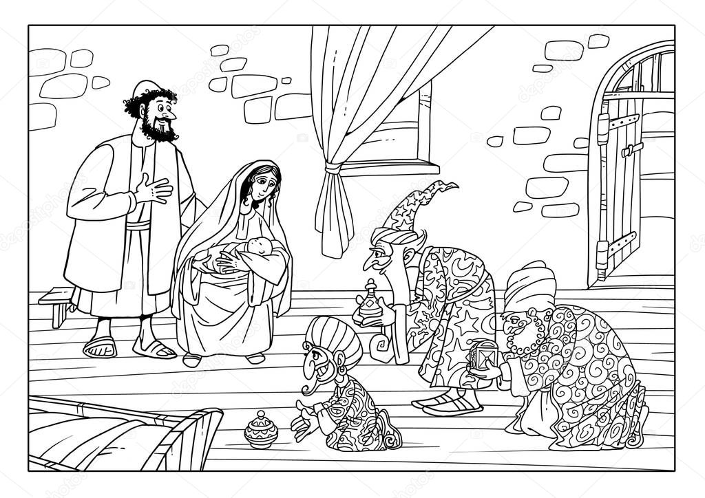 Christmas Story. Three sages brought gifts to the baby Jesus.