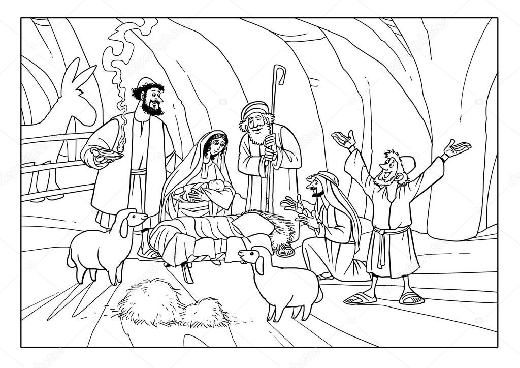 Christmas Story. Shepherds with Joseph, Mary and baby Jesus