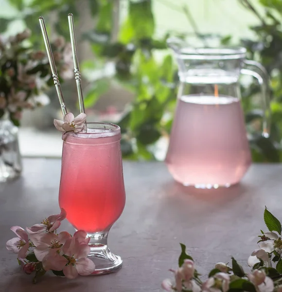 Citronnade Rafraîchissante Aux Canneberges Froides Dans Vase Transparent Fleurs Pomme — Photo