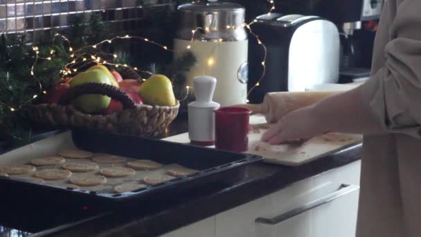 Diseminación en una bandeja para hornear galletas de jengibre para hornear . — Vídeo de stock