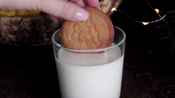 La mujer sumergió una galleta de jengibre en la leche — Vídeo de stock