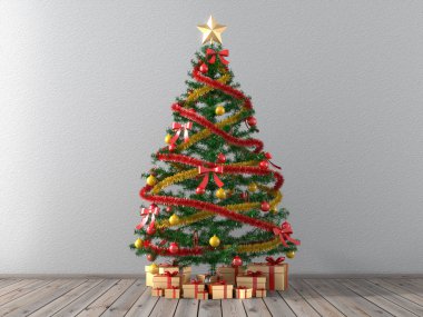 Noel ağacı ve bir boş room.3d işleme altın.