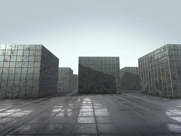 Abstrato espaço vazio whit caixas de aço, 3d renderização . — Fotografia de Stock