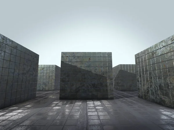 Abstrato espaço vazio whit caixas de aço, 3d renderização . — Fotografia de Stock