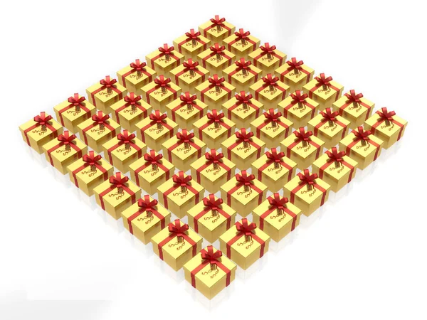 Caixas de presente dourado com fita vermelha no fundo branco. Renderização 3D — Fotografia de Stock