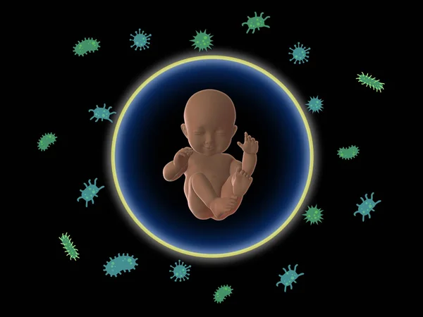 Baby med immun skydd system symbol och bakterier utanför symbol.3d rendering. — Stockfoto