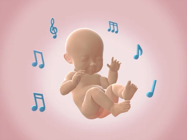 Bebê sorrindo com notas de música ao redor.3D renderização . — Fotografia de Stock