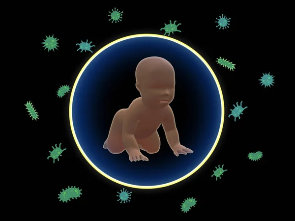Bambino con sistema di protezione immunitaria simbolo e batteri al di fuori symbol.3D rendering . — Foto Stock