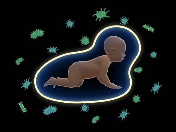 रोगप्रतिकारक संरक्षण प्रणाली प्रतीक आणि बाहेरील बॅक्टेरियासह बाळ 3D रेंडरिंग . — स्टॉक फोटो, इमेज