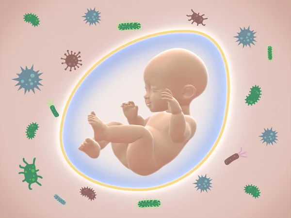Bébé avec symbole du système de protection immunitaire et bactéries à l'extérieur symbol.3D rendu . — Photo